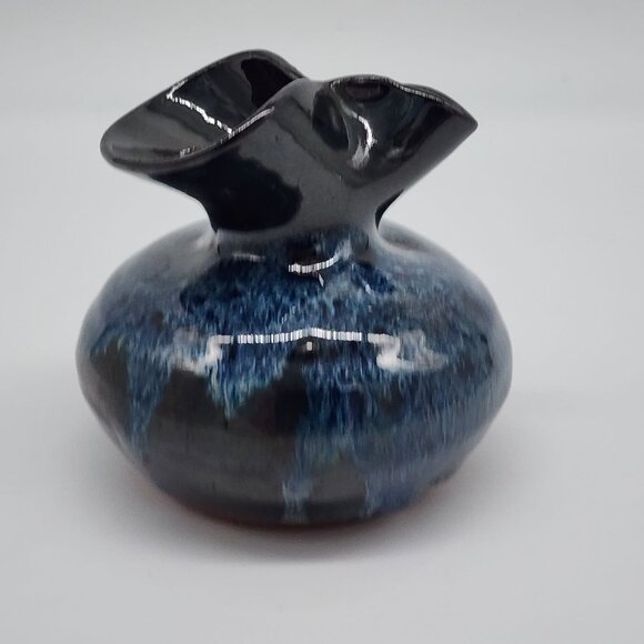 Vintage Born Polly Studio Pottery Vase Pinched Flared Rim & Blue Drip Glaze - Picture 6 of 8